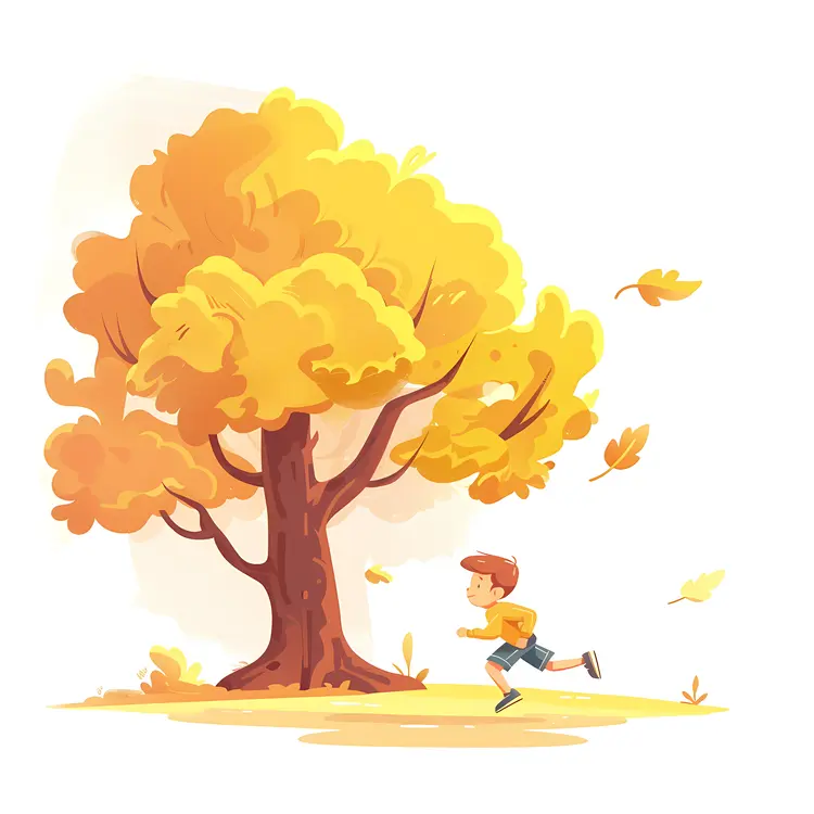 Boy Running by a Yellow Tree in Autumn