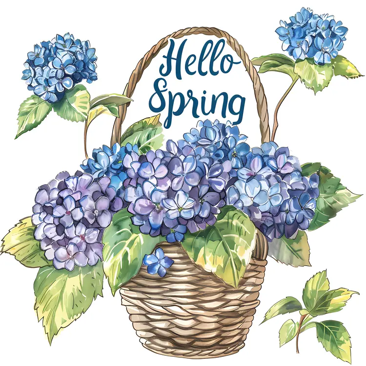 Hello Spring with Blue Hydrangeas in Basket