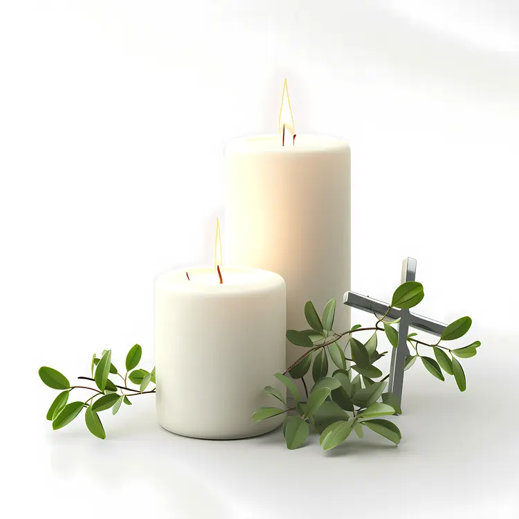 White Candles with Greenery and Cross