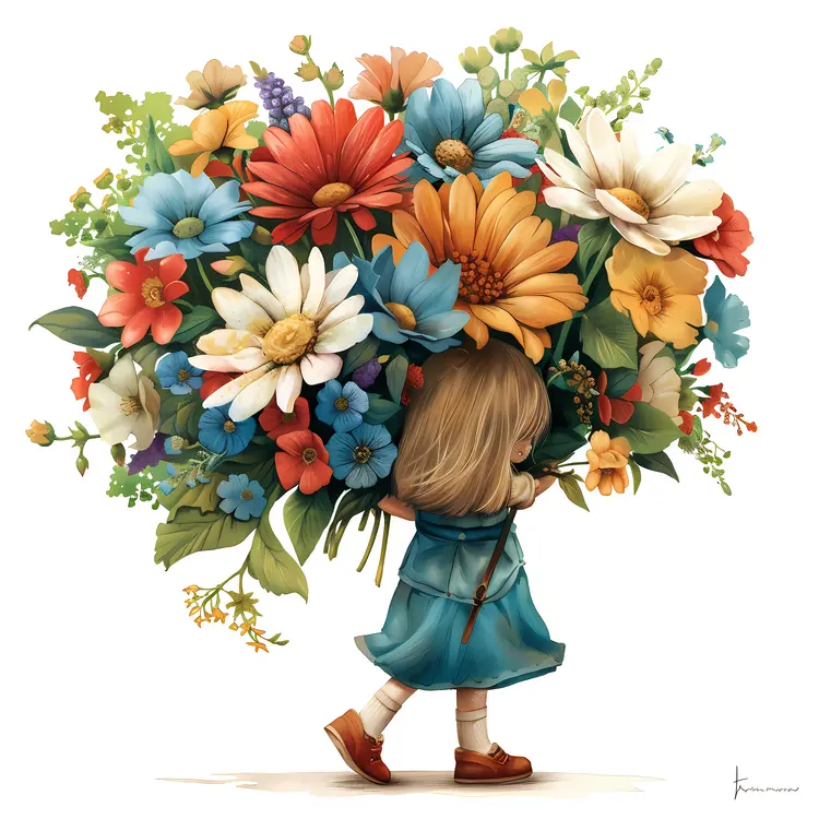 Girl Holding a Large Bouquet of Colorful Daisies