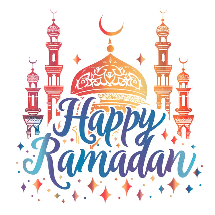 Colorful Mosque and Crescent Moon with Happy Ramadan Text