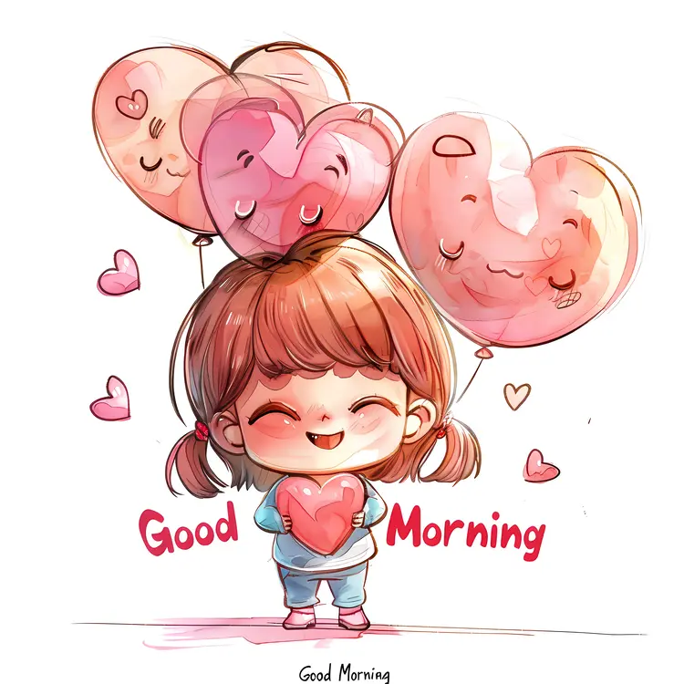 Cute Good Morning with Girl and Heart Balloons
