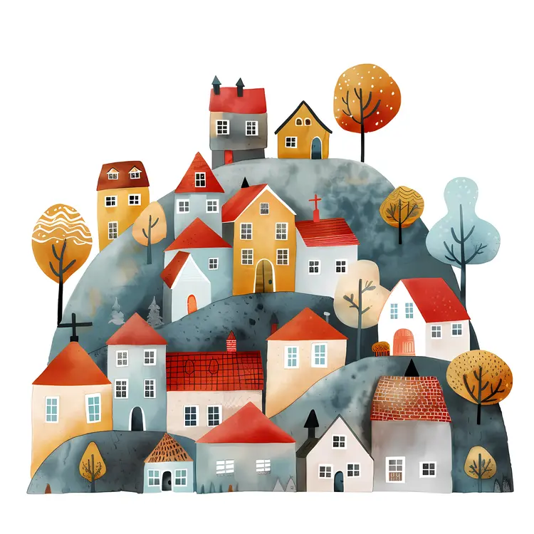 Colorful Doodle Houses on a Hill