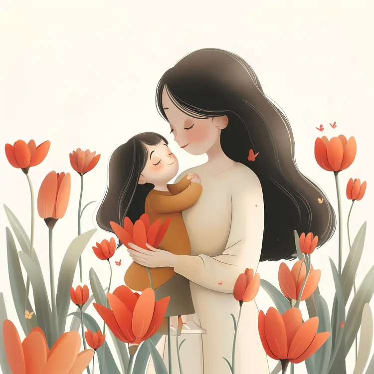 Mother and Child in a Field of Tulips