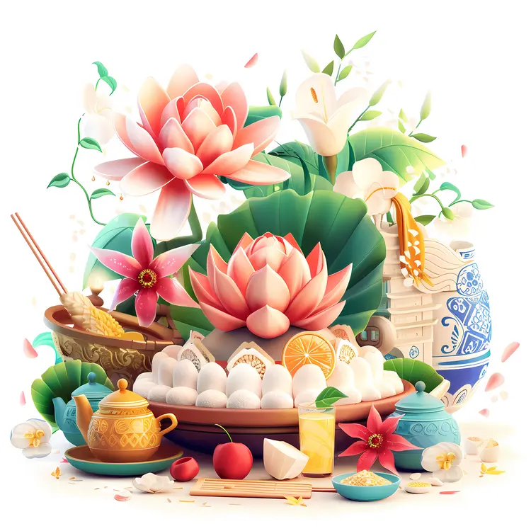 Serene Lotus Arrangement with Tea Set