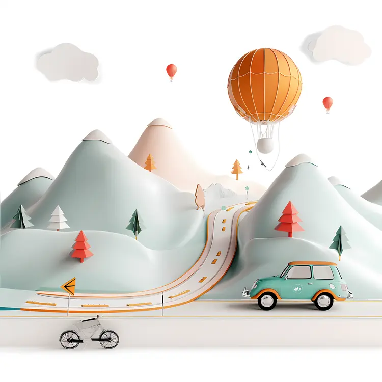 Car and Hot Air Balloon in Mountain Landscape
