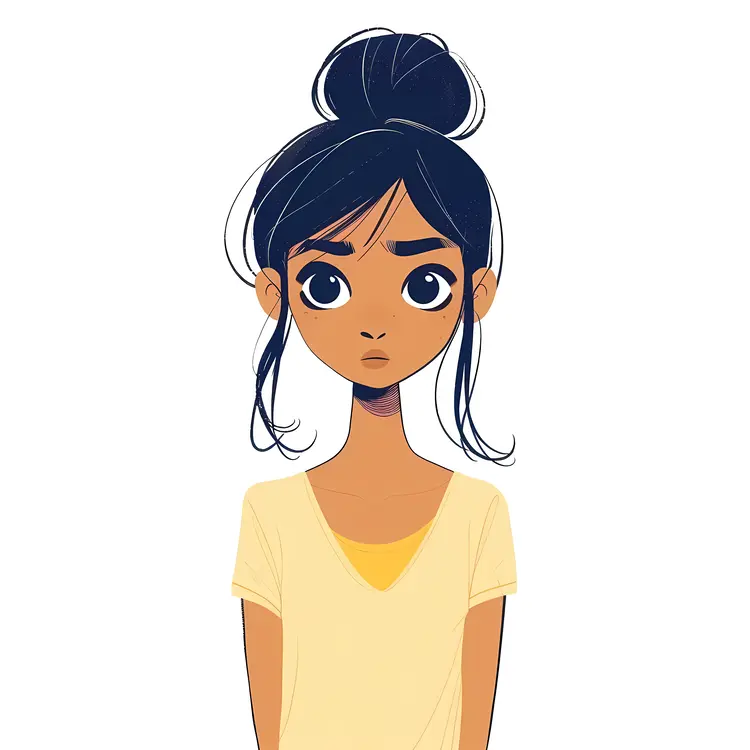 Worried Girl with Bun Hairstyle Illustration