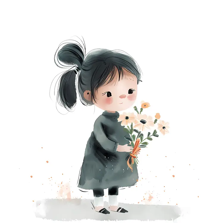 Cute Girl Holding a Bouquet of Flowers