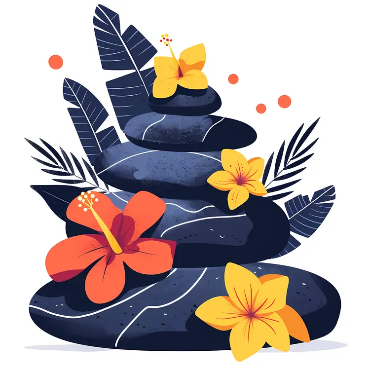 Zen Stacked Stones with Yellow and Red Flowers