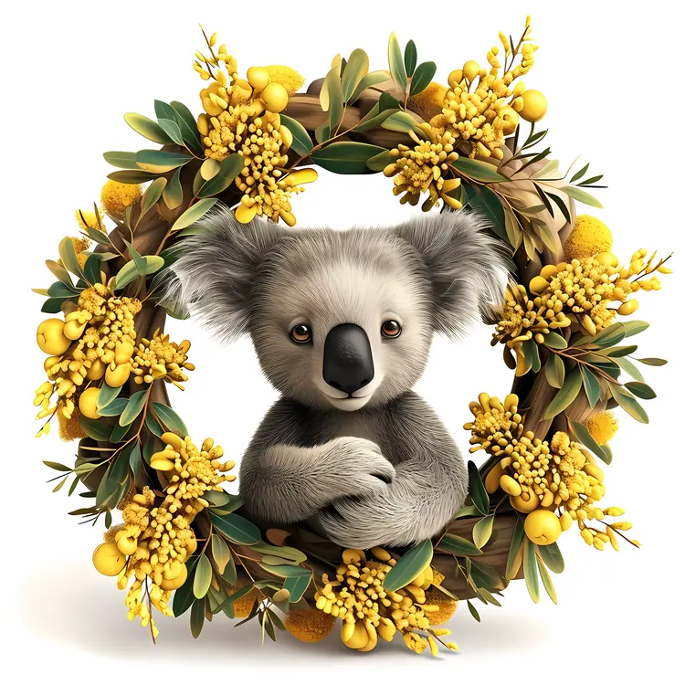 Charming Koala in Yellow Floral Wreath