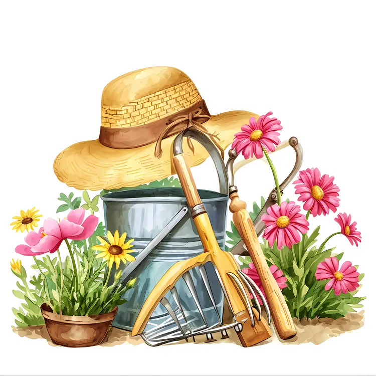Gardening Tools and Flowers with Straw Hat