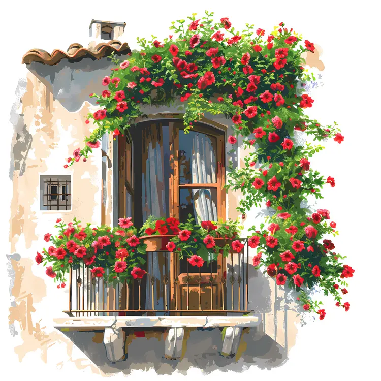 Rustic Balcony with Red Blooms