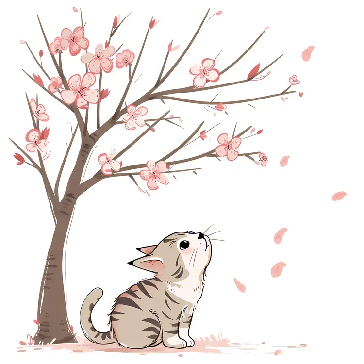 Illustrated Kitten with Cherry Blossom Tree