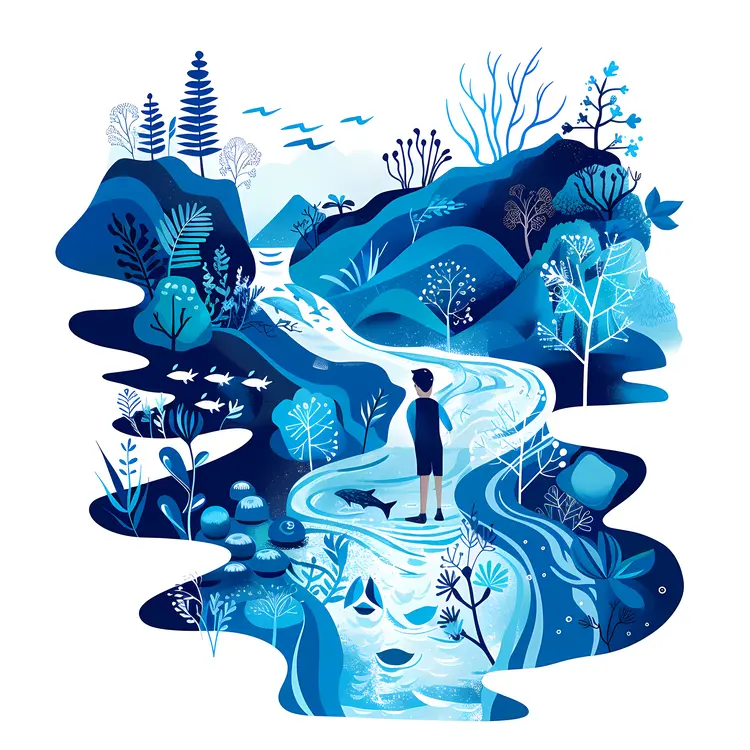 Blue River Scene with Person and Dog