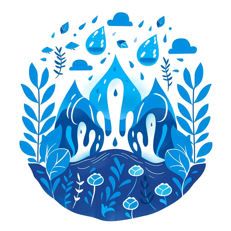 Blue Nature Illustration with Plants and Water