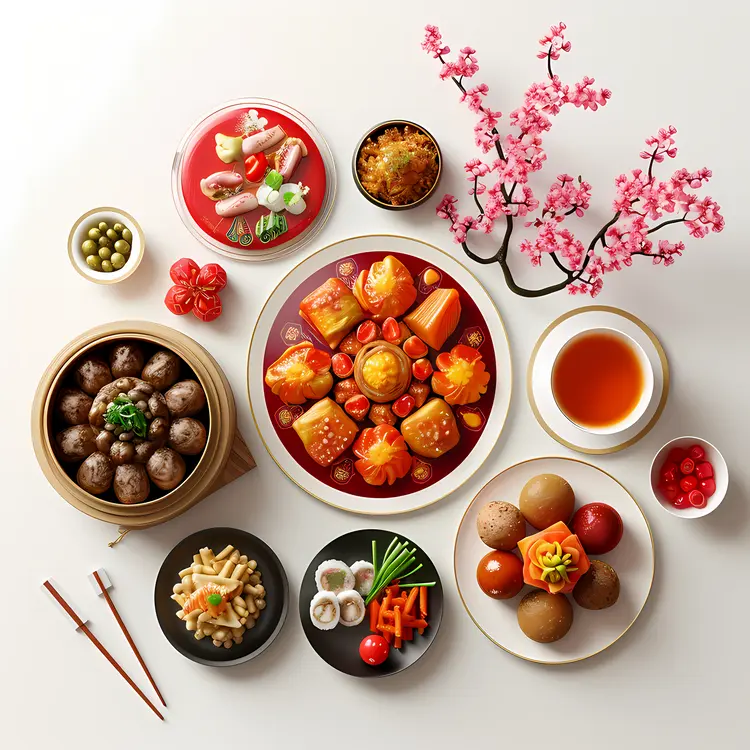 Traditional Chinese Food with Tea and Cherry Blossoms