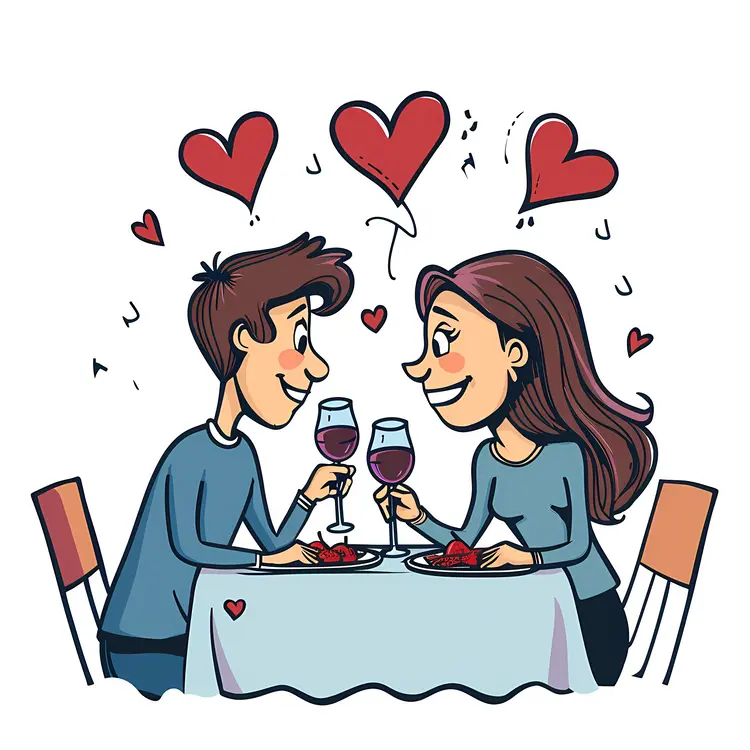 Romantic Cartoon Couple Dining with Hearts