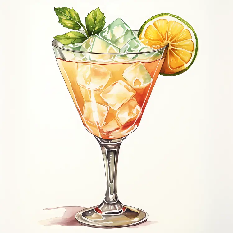 Orange Cocktail with Lime Slice and Mint Leaves