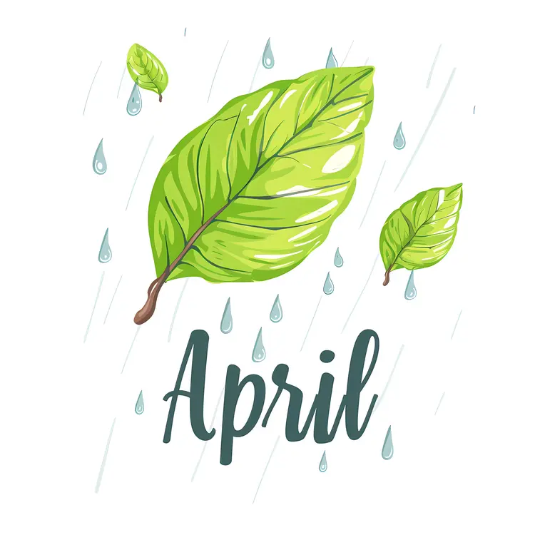 April Text with Leaves and Rain Illustration