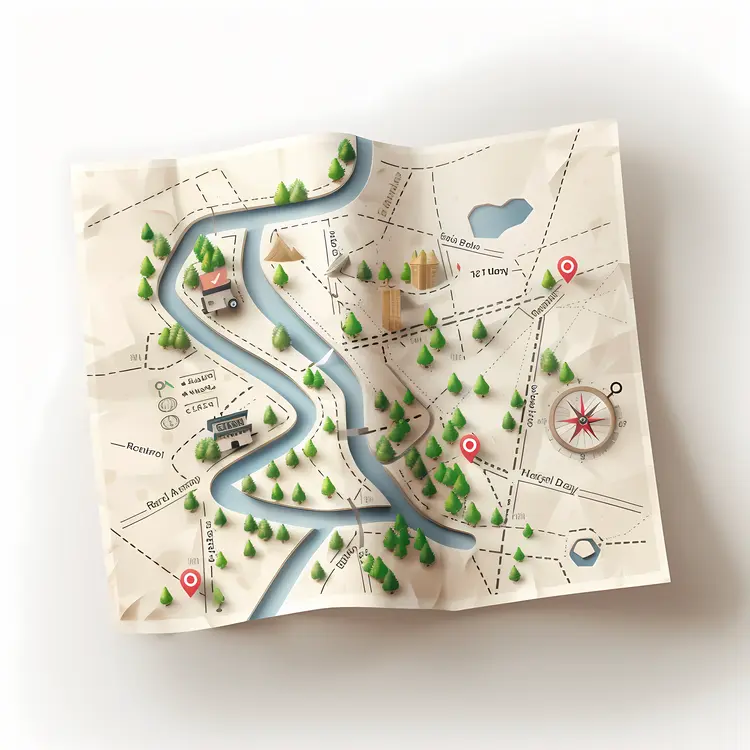 Folded Map with River and Compass