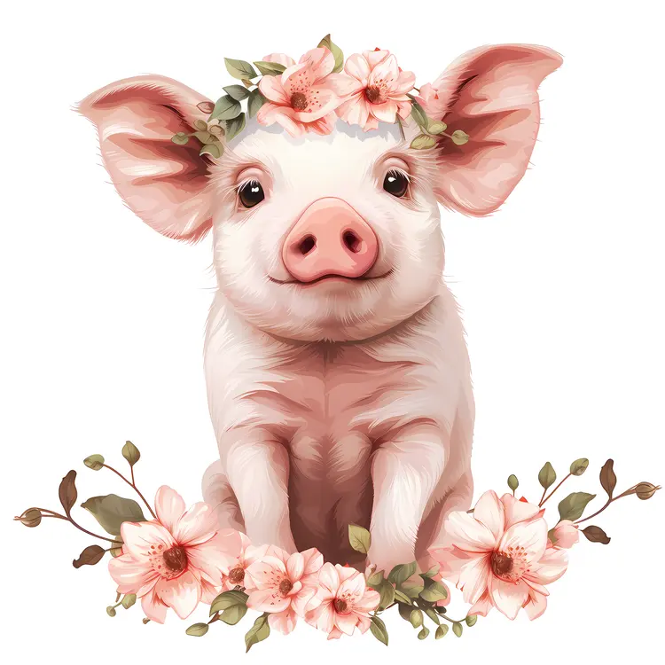 Cute Pig with Flowers Illustration