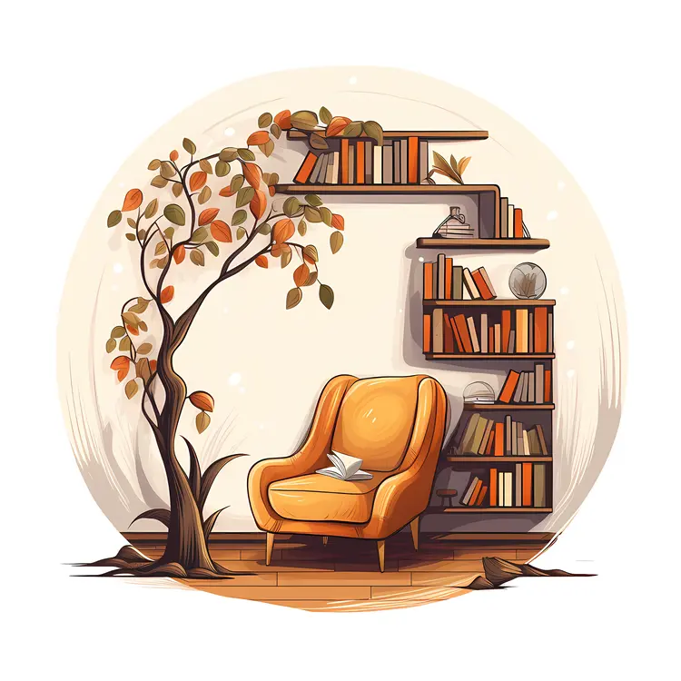Cozy Orange Armchair with Bookshelf and Tree
