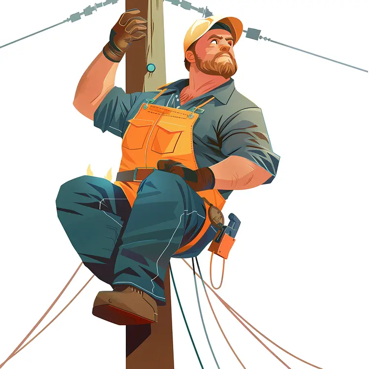 Cartoon Lineman Climbing Utility Pole