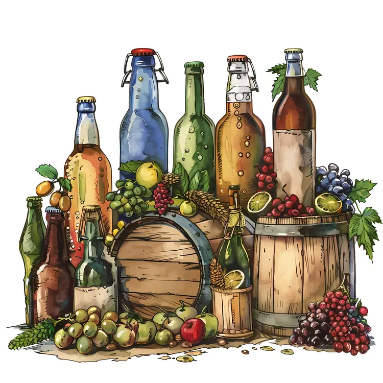 Assorted Beer Bottles and Barrels with Fruits