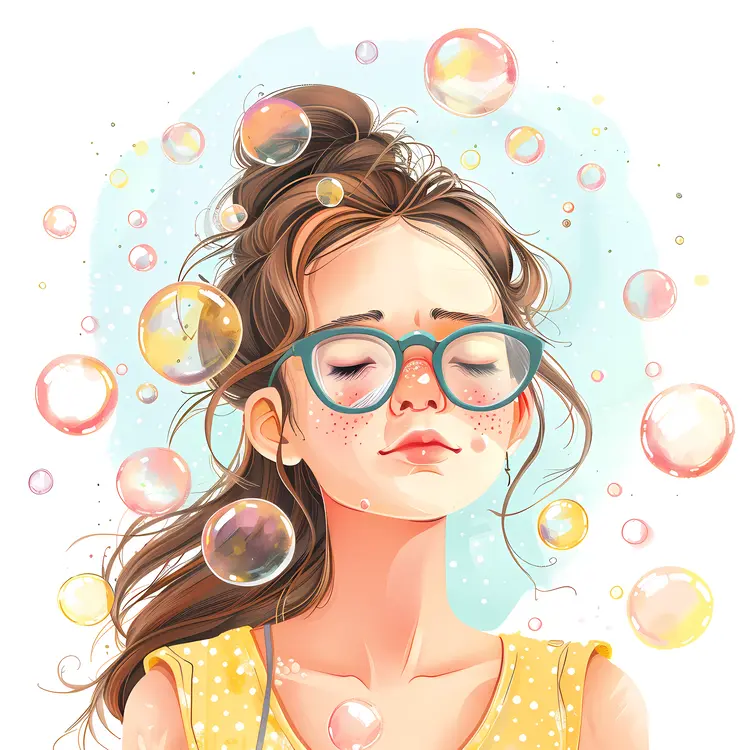Girl with Glasses and Floating Bubbles