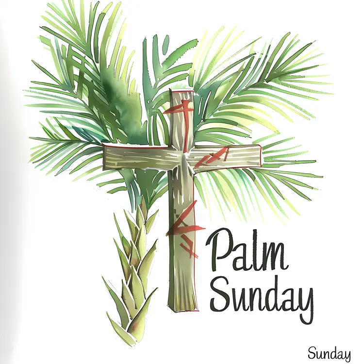Wooden Cross with Palm Leaves for Palm Sunday