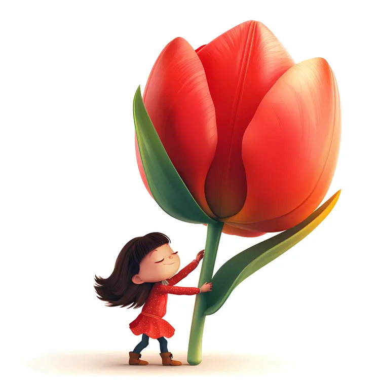 Happy Girl with a Giant Red Tulip