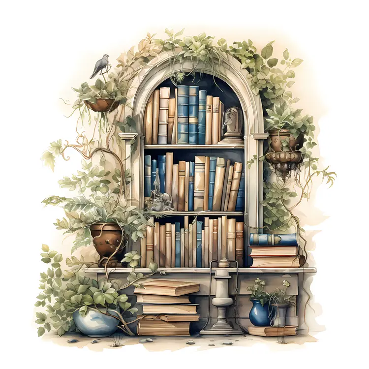 Vintage Bookshelf with Books and Plants