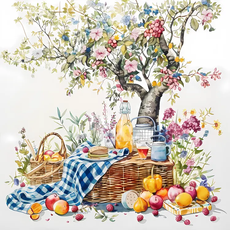 Picnic Basket with Food and Tree