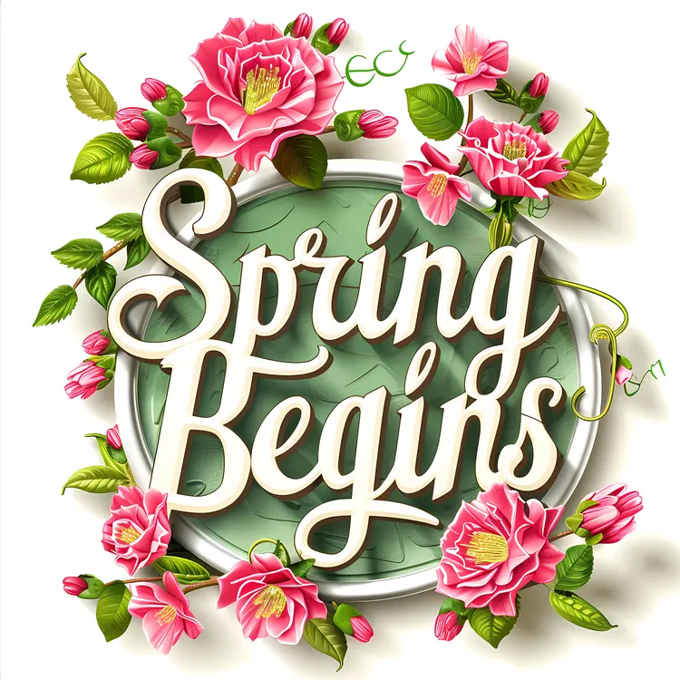 Spring Begins Text with Flowers