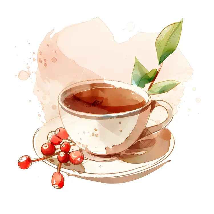 Coffee Cup with Coffee Berries and Leaves