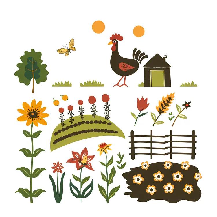 Farm Elements with Chickens and Plants