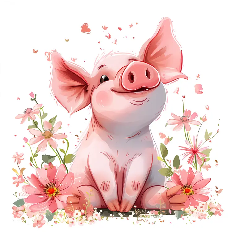 Happy Piglet with Flowers