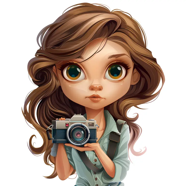 Big-Eyed Girl with Camera Illustration