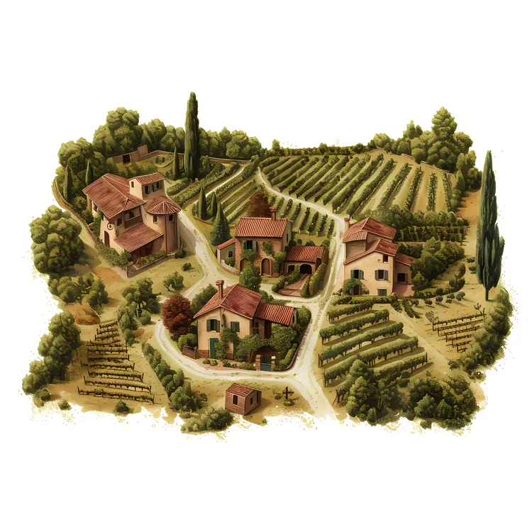Vineyard with Small Houses and Trees