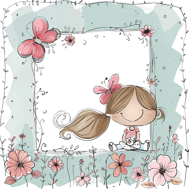 Cute Girl with Flowers and Butterflies