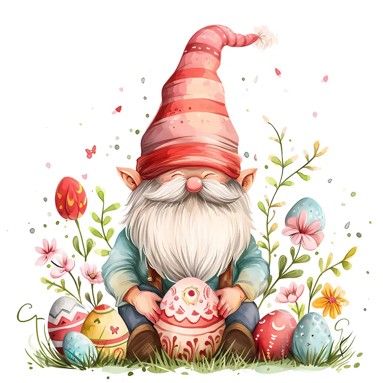 Gnome Surrounded by Easter Eggs