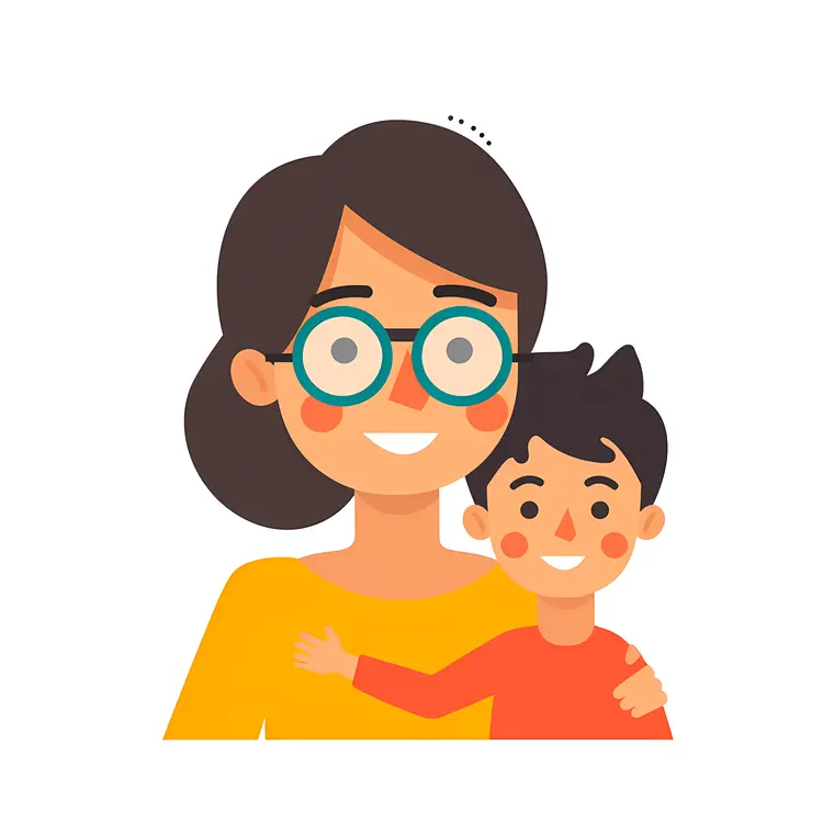 Mother with Glasses and Child in Orange Shirt