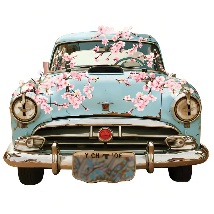 Front View of Vintage Car with Cherry Blossoms