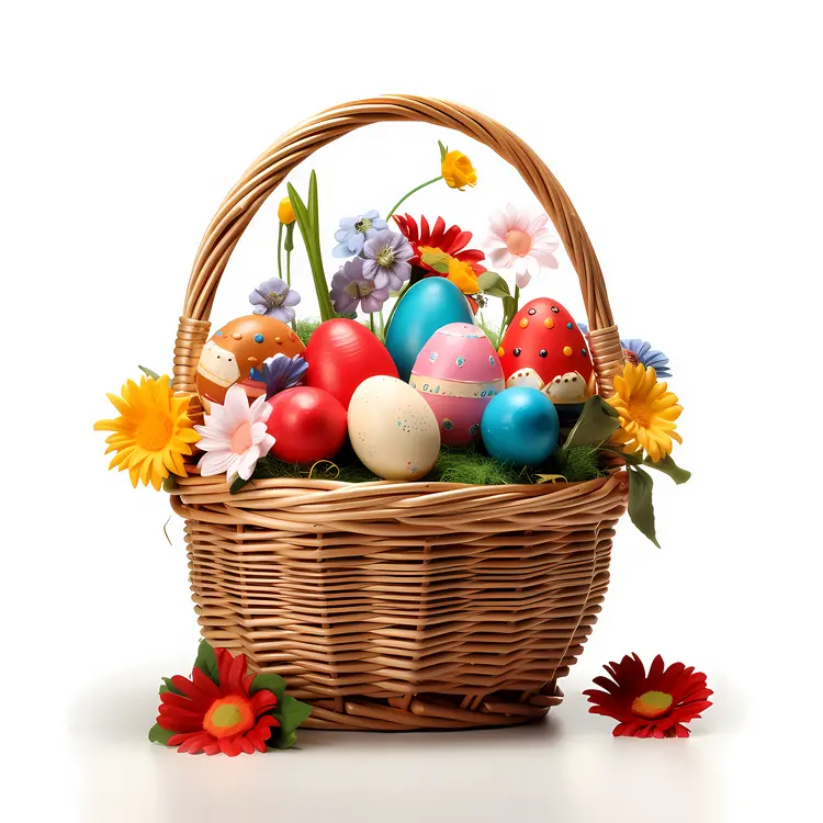 Easter Basket with Colorful Eggs and Flowers