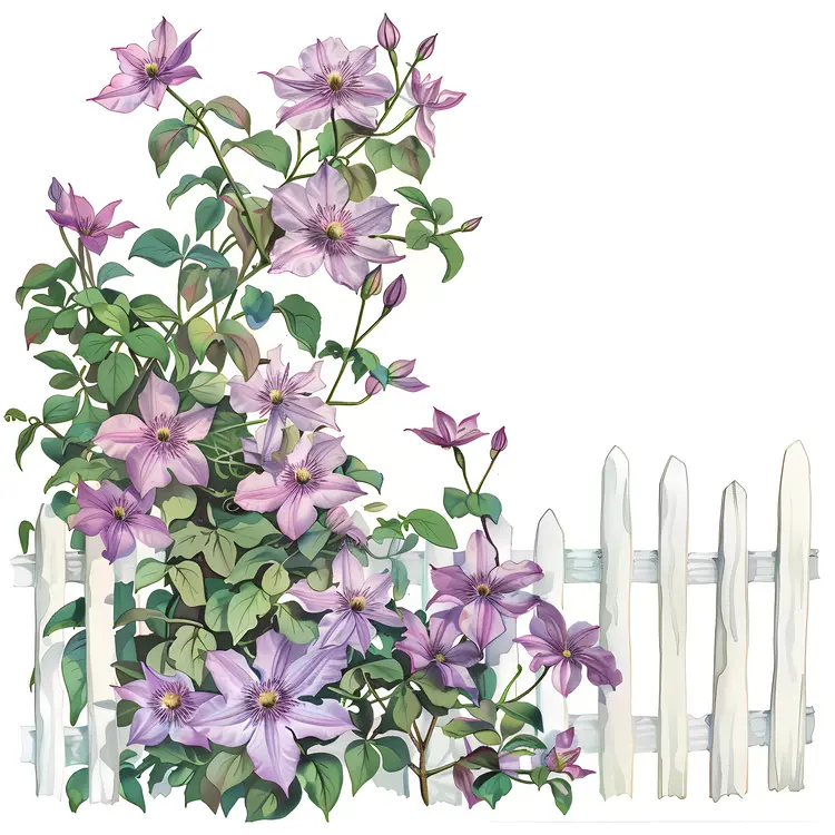 Purple Flowers on a White Picket Fence