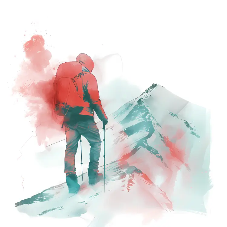 Watercolor Hiker on Mountain