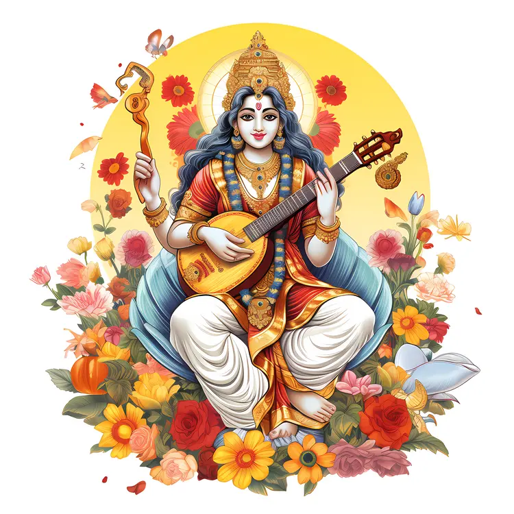 Goddess Playing Veena with Flowers