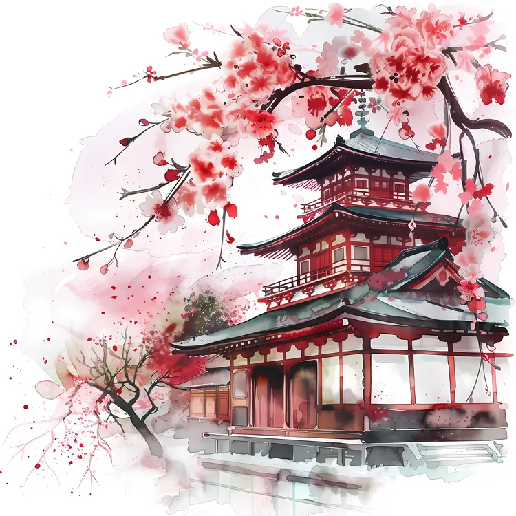 Japanese Pagoda with Cherry Blossoms and Red Sun