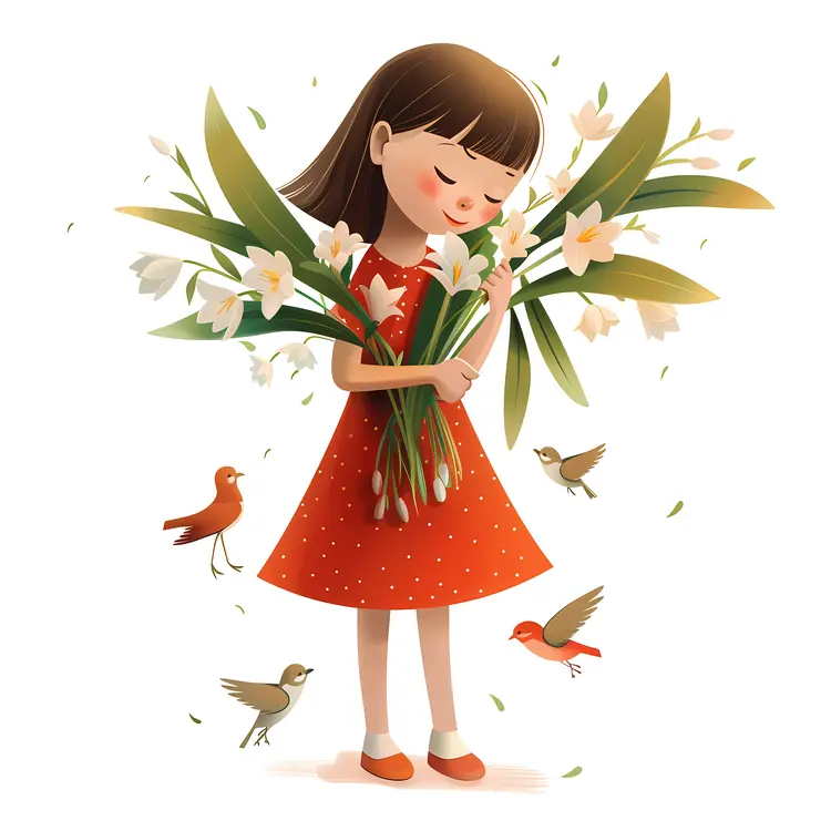 Girl in Red Dress Holding White Flowers with Birds
