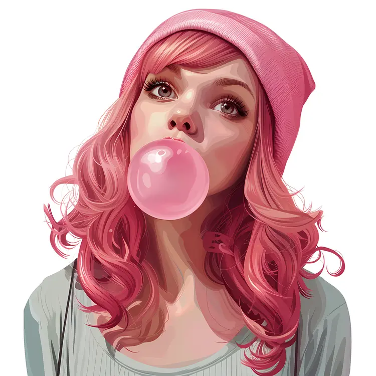 Girl with Pink Beanie Blowing Bubblegum